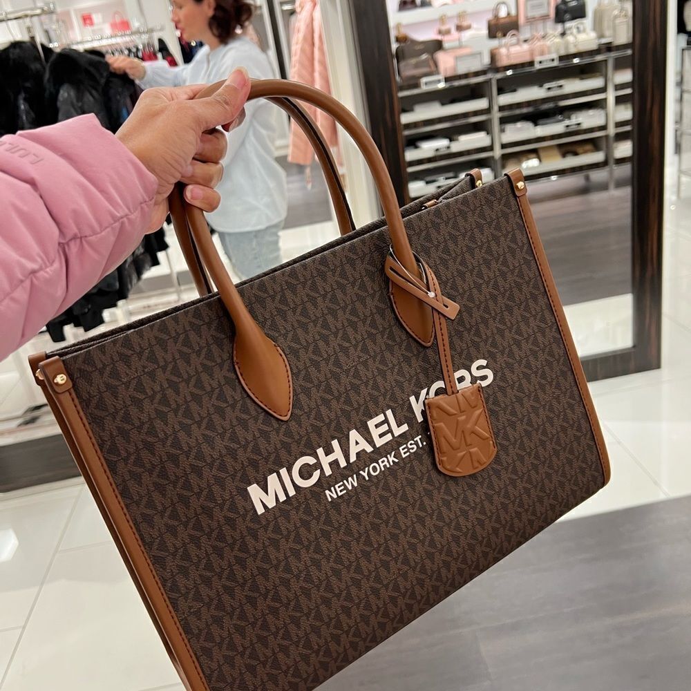 Michael Kors Mirella MD EW Tote Brown Signature Messenger Shoulder Hand Bag Purs